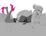  1girl artist_request bed breasts character_request feet female genderswap high_heels inazuma_eleven inazuma_eleven_(series) large_breasts nipples restricted_palette shoe_dangle shoes solo 