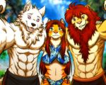  abs anthro beach biceps breasts canine feline female green_eyes hair lion long_hair male mammal muscles okamiterasu open_mouth palm_tree pecs pink_eyes pose seaside smile summer tiger white_wolf wolf 