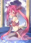  bad_id bad_pixiv_id blush byte_(allbyte) demon_girl elbow_pads highres long_hair magic_circle navel night night_sky original pointy_ears red_eyes red_hair sitting sky smile solo succubus tears thighhighs twintails very_long_hair zettai_ryouiki 