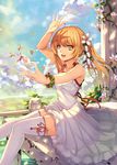  bug butterfly dress insect long_hair long_legs million_arthur_(series) open_mouth orange_hair smile solo thighhighs twintails weiyinji_xsk yellow_eyes 
