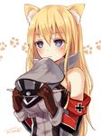  3: animal_ears bad_id bad_pixiv_id bismarck_(kantai_collection) blonde_hair blue_eyes blush brown_gloves cat_ears elbow_gloves gloves hat hat_removed headwear_removed holding holding_hat iron_cross kantai_collection kemonomimi_mode long_hair nunucco paw_print peaked_cap signature solo wavy_mouth 