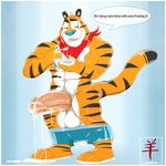  aaron_(artist) abs anthro balls barefoot biceps big_balls big_muscles big_penis cereal clothed clothing cum cum_on_penis cum_string dialog english_text erection feline frosted_flakes fur happy huge_balls kellogg&#039;s kellogg's male mammal mascot muscles nude orgasm penis plain_background sharp_teeth shorts smile solo teeth text thick_penis tiger tongue tony_the_tiger uncut vein veiny_penis 