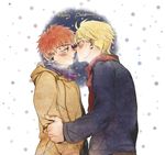  arthur_pendragon_(fate) bad_id bad_pixiv_id blonde_hair blush brown_eyes chocolateonly coat emiya_shirou fate/prototype fate/stay_night fate_(series) green_eyes imminent_kiss male_focus merry_christmas multiple_boys red_hair scarf yaoi 