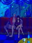  1boy 1girl bangs barefoot bench black_hair blue_hair bottle checkered checkered_floor fish fish_tank floor franky glass legs_crossed nico_robin one_piece sitting table tattoo tegaki thousand_sunny 