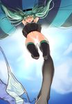  accidental_undressing aqua_eyes aqua_hair arms_up bottomless censored crying day embarrassed falling from_below hatsune_miku highres long_hair no_panties novelty_censor panties panties_removed parachute pino_(hetare1023) side-tie_panties skirt skirt_lift sky skydive solo sun thighhighs twintails underwear vocaloid wardrobe_malfunction 