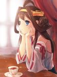  ahoge bad_id bad_pixiv_id blue_eyes brown_hair cup detached_sleeves hair_bun hair_ornament hairband hands_on_own_cheeks hands_on_own_face head_rest kantai_collection kongou_(kantai_collection) looking_away nontraditional_miko nunucco ribbon-trimmed_sleeves ribbon_trim signature sketch solo teacup 