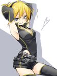  arms_up blonde_hair blue_eyes breasts cleavage cowboy_shot genderswap genderswap_(mtf) kagamine_len kuroi_(liar-player) project_diva_(series) punkish_(module) short_hair solo thighhighs vocaloid 