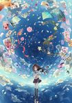  absurdres afloat balloon bouquet brown_hair bubble cake carrying cup flower food green_eyes highres long_hair looking_at_viewer nonono original paper petals pleated_skirt reflection school_uniform skirt sky smile teacup teapot 