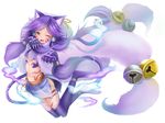  ;d ahoge animal_ears anklet bad_id bad_pixiv_id bell blue_fire blush bracelet breasts cat_ears cat_paws cat_tail claws earrings facial_mark fangs fire full_body fur_collar highres hoop_earrings jewelry jingle_bell jumping knees_together_feet_apart kurone_(p&amp;d) long_hair midriff multiple_earrings multiple_tails navel one_eye_closed open_mouth over-kneehighs paws purple_hair purple_legwear purple_skirt puzzle_&amp;_dragons sasami_(hallo) simple_background skirt small_breasts smile solo tail tank_top tattoo thighhighs underboob white_background yellow_eyes 
