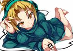  blonde_hair breasts closed_mouth headphones kiyoichi_(acacia_soukyoukai) looking_at_viewer medium_breasts no_shoes orange_eyes original pullover ribbed_sweater short_hair solo sweater 