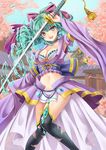  arm_up bad_id bad_pixiv_id black_legwear bow bra breasts choker cleavage detached_sleeves frills green_eyes green_hair hair_bow hydrokinesis large_breasts left-handed long_hair multicolored_bow original pleated_skirt ponytail purple_skirt shinki_kakusei_melty_maiden skirt smile solo striped striped_bow sword tamashiro thighhighs torn_clothes torn_legwear underwear water weapon 