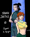  1boy 1girl 2013 aqua_eyes aquagirl aquaman_(series) black_hair character_name crossed_arms dc_comics garth midriff purple_eyes riyan short_hair tempest tula young_justice:_invasion 