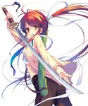  bandages brown_hair hair_ornament hair_ribbon holding katana long_hair looking_at_viewer navel original ponytail reia ribbon sarashi simple_background solo sword weapon white_background yellow_eyes 