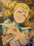  1girl areolae blonde_hair blush breasts breasts_outside censored cum cum_in_mouth cum_on_clothes cum_on_hair drill_hair eyes_closed facial gangbang group_sex gundam gundam_build_fighters hairjob highres ice_place large_breasts long_hair nipples open_clothes open_mouth penis tears yajima_caroline 