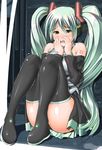  black_legwear blush boots covering_mouth detached_sleeves green_eyes green_hair hatsune_miku knees_on_chest legs_up long_hair pleated_skirt skirt solo takasaka_donten thigh_boots thighhighs trembling twintails very_long_hair vocaloid 
