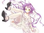  hair_ribbon high_heels long_hair masami05071541 original pantyhose purple_hair ribbon smile solo white_background white_legwear yellow_eyes 