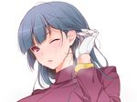  adjusting_hair blue_hair breath gloves hizuki_akira lips natsume_(pokemon) one_eye_closed pokemon purple_eyes solo sweat 