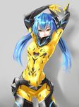  arms_up blue_hair bodysuit breasts covered_navel gloves medium_breasts phantasy_star phantasy_star_online_2 quna_(pso2) ribs skin_tight solo sukizo twintails yellow_bodysuit yellow_eyes zelsius 