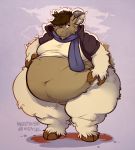  anthro barefoot belly big_belly bottomless cappuccino caprine clothed clothing fur goat hair hand_on_stomach hooved_fingers hooves horizontal_pupils horn jacket male mammal moobs navel obese obese_male one_eye_closed overweight overweight_male scarf smile solo standing thick_thighs wide_hips wink wool 