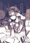  all_fours book crescent crescent_hair_ornament globe hair_ornament hair_ribbon hat junwool long_hair looking_at_viewer messy_room monochrome patchouli_knowledge ribbon shading_eyes sketch solo touhou 