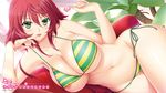  baku_ane_otouto_shibocchau_zo! bikini breasts candy choco_chip dutch_angle food green_bikini green_eyes hayasaki_yurine highres holding huge_breasts lollipop long_hair looking_at_viewer mole mole_under_eye navel nipple_slip nipples plant potted_plant red_hair side-tie_bikini solo striped striped_bikini swimsuit yellow_bikini 