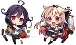  :d ahoge black_serafuku blush bow carrot chibi fang food full_body hair_bow hair_flaps hair_ornament hairclip kantai_collection long_hair looking_at_viewer multiple_girls namanie neckerchief open_mouth pantyhose potato purple_hair red_eyes remodel_(kantai_collection) school_uniform serafuku simple_background smile taigei_(kantai_collection) tooth torpedo vegetable white_background yuudachi_(kantai_collection) 
