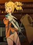  1girl arms_behind_back ass blonde_hair blue_eyes blush bottle breasts drill_hair gloves gundam gundam_build_fighters highres ice_place legs long_hair looking_back medium_breasts open_mouth panties pantyshot skirt standing sweatdrop thighs tied_up underwear upskirt yajima_caroline 