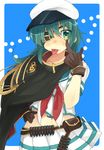  :p aiguillette akanbe ammunition_belt anchor cape eyepatch gloves green_eyes green_hair hand_on_hip hat kantai_collection kiso_(kantai_collection) long_hair looking_at_viewer midriff nakagomiyuki415 neckerchief pleated_skirt remodel_(kantai_collection) sailor_hat skirt solo tongue tongue_out 