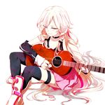  2_alice_2 acoustic_guitar blue_eyes boots braid choker detached_sleeves guitar ia_(vocaloid) instrument long_hair sitting skirt solo thigh_strap thighhighs twin_braids very_long_hair vocaloid white_background white_hair 