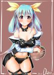  bare_shoulders blue_hair blush bow bowl breasts buckle detached_collar dizzy guilty_gear hair_ribbon large_breasts long_hair looking_at_viewer midriff navel red_eyes ribbon smile takasaka_donten thigh_strap underwear 