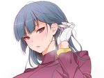  adjusting_hair blue_hair breath gloves hizuki_akira lips natsume_(pokemon) pokemon purple_eyes solo sweat 