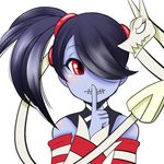  1girl blue_skin detached_sleeves finger_on_mouth finger_to_mouth hair_over_one_eye leviathan_(skullgirls) ringo_tou_hachimitsu side_ponytail sienna_contiello skullgirls squigly_(skullgirls) stitched_mouth zombie 