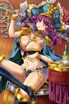  barrel belt boots bottle bracelet breasts choker cleavage crossed_legs epaulettes frills gem hat huge_weapon jewelry kiseru knee_boots large_breasts long_hair mouth_hold necklace original pipe pipe_in_mouth pirate_hat purple_eyes purple_hair ring shinki_kakusei_melty_maiden shiny shiny_skin short_shorts shorts sitting solo sword tamashiro weapon 