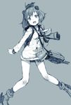  bangs binoculars blue_background dress grey_background junwool kantai_collection looking_at_viewer monochrome open_mouth sailor_dress short_hair simple_background sketch solo standing turret yukikaze_(kantai_collection) 