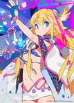  bad_id bad_pixiv_id blonde_hair blue_eyes blue_gloves cape character_request copyright_name fingerless_gloves gloves gun handgun holding inner_world long_hair looking_at_viewer navel riqurr solo weapon 