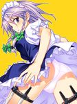  ass blue_dress bow braid cameltoe dress hair_bow highres holster izayoi_sakuya knife looking_at_viewer looking_back maid maid_headdress panties pantyshot pantyshot_(standing) puffy_short_sleeves puffy_sleeves purple_hair shirt short_sleeves side_braid silver_hair solo standing thigh_holster touhou twin_braids underwear upskirt white_background yuuki_keisuke 