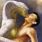  anthro bald beard breasts cobra duo eyes_closed facial_hair female french_kissing hair hattonslayden human human_on_anthro interspecies kissing male mammal muscles nipples nude pecs reptile scalie short_hair side_boob snake snake_hood straight tongue tongue_out 
