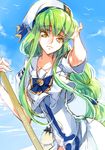  alicia_florence alicia_florence_(cosplay) aria aria_company_uniform armpit_peek blue_sky braid c.c. cloud code_geass cosplay creayus day green_hair long_hair oar ribbon sky solo twitter_username yellow_eyes 