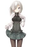  black_legwear blue_eyes blush breasts buran_(kure) cosplay gloves hair_ornament hair_over_one_eye hairclip hamakaze_(kantai_collection) highres kantai_collection looking_at_viewer medium_breasts pantyhose short_hair silver_hair simple_background skirt smile solo taihou_(kantai_collection) taihou_(kantai_collection)_(cosplay) white_background 