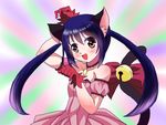  1girl animal_ears bell blue_hair cat_ears cosplay dress envy_(artist) fairy_tail fang gloves highres mew_ichigo_(cosplay) ribbon tail tokyo_mew_mew twintails wendy_marvell 