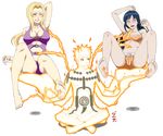  1boy 2girls bare_shoulders barefoot bikini black_hair blonde_hair blush breasts brown_eyes cameltoe carrying cleavage extra_arms facial_mark feet foot_tickling frills hyuuga_hinata labia large_breasts long_hair medium_breasts multiple_arms multiple_girls naruto navel one-piece_swimsuit orange_eyes short_hair smile soles spiked_hair spread_legs swimsuit thighs tickling toes tsunade uzumaki_naruto uzumaki_naruto_(kyuubi_chakra_mode) white_eyes 