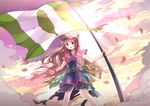  animal_hood blurry brown_eyes brown_hair clenched_hand flag highres holding hood light long_hair open_mouth original risutaru solo taiwan twilight wind 