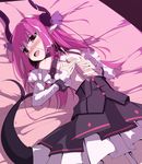  1girl blue_eyes blush censored cum cum_on_hair disembodied_penis dress ejaculation elizabeth_bathory_(fate) elizabeth_bathory_(fate)_(all) facial fate/extra fate/extra_ccc fate_(series) flat_chest hetero horns kurikara long_hair lying naizuri nipples on_back on_bed open_mouth penis pink_hair pointy_ears solo_focus tail 
