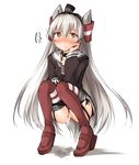  1girl amatsukaze_(kantai_collection) black_panties blush brown_eyes dress garter_straps grey_neckwear hair_ornament hair_tubes hand_on_own_cheek highres kaminagi_(kaminagi-tei) kantai_collection long_hair long_sleeves looking_at_viewer neckerchief panties panty_pull pee peeing red_legwear sailor_dress short_dress silver_hair solo squatting sweat thighhighs two_side_up underwear very_long_hair 