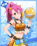  artist_request blue_background character_name idolmaster idolmaster_million_live! maihama_ayumu multicolored_hair official_art one_eye_closed pink_eyes pink_hair solo 