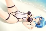  beach blue_hair mogu shinon_(sao) short_hair swimsuit sword_art_online thighhighs 