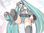  aqua_hair bare_shoulders black_legwear blood boots from_below giantess hatsune_miku long_hair miniboy necktie non-web_source open_mouth panties seo_tatsuya size_difference solo striped striped_panties thigh_boots thighhighs twintails underwear very_long_hair vocaloid 