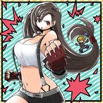  1girl black_hair black_skirt blonde_hair cloud_strife fighting_stance final_fantasy final_fantasy_vii fingerless_gloves gloves green_background kara_age long_hair low-tied_long_hair miniskirt musical_note red_eyes serious skirt spiked_hair tifa_lockhart very_long_hair 