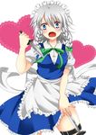  :o apron blue_eyes blush braid fang frilled_skirt frills fuuku_(cherrymixer) green_ribbon heart holster izayoi_sakuya knife looking_at_viewer maid_apron maid_headdress open_mouth ribbon silver_hair skirt solo thigh_holster touhou twin_braids v-shaped_eyebrows 