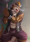  abs anthro biceps black_fur black_hair black_nose blonde_hair blue_eyes body_markings breath brown_fur chain clothing dotter ear_piercing fangs feline fur grin gun hair kyo_(character) male mammal markings muscles mustelid necklace open_mouth open_shirt otter pecs piercing pose rabbity ranged_weapon shirt shorts smile solo standing stripes teeth tiger toned tongue weapon wristband 